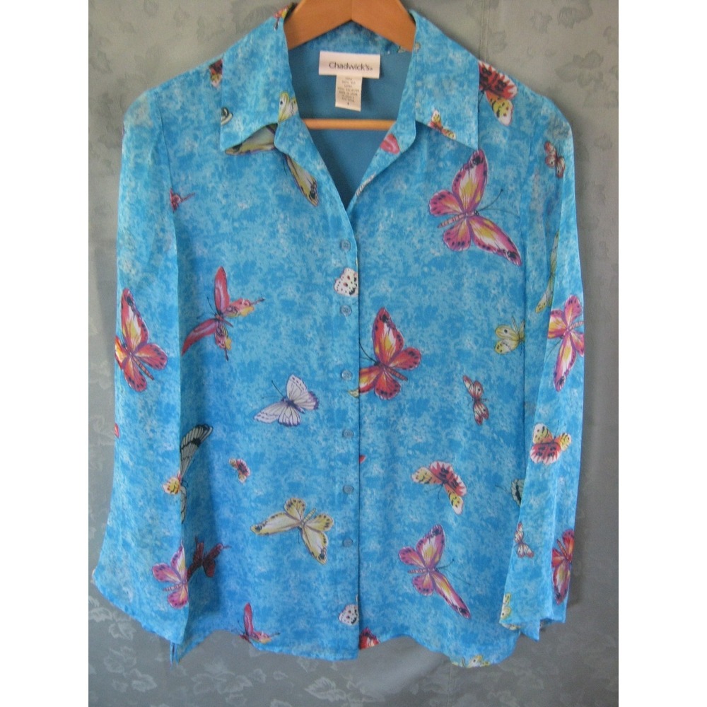 Chadwicks Women's Blouse Size 4 Silk Butterfly Print Top Lined Sheer Sleeves